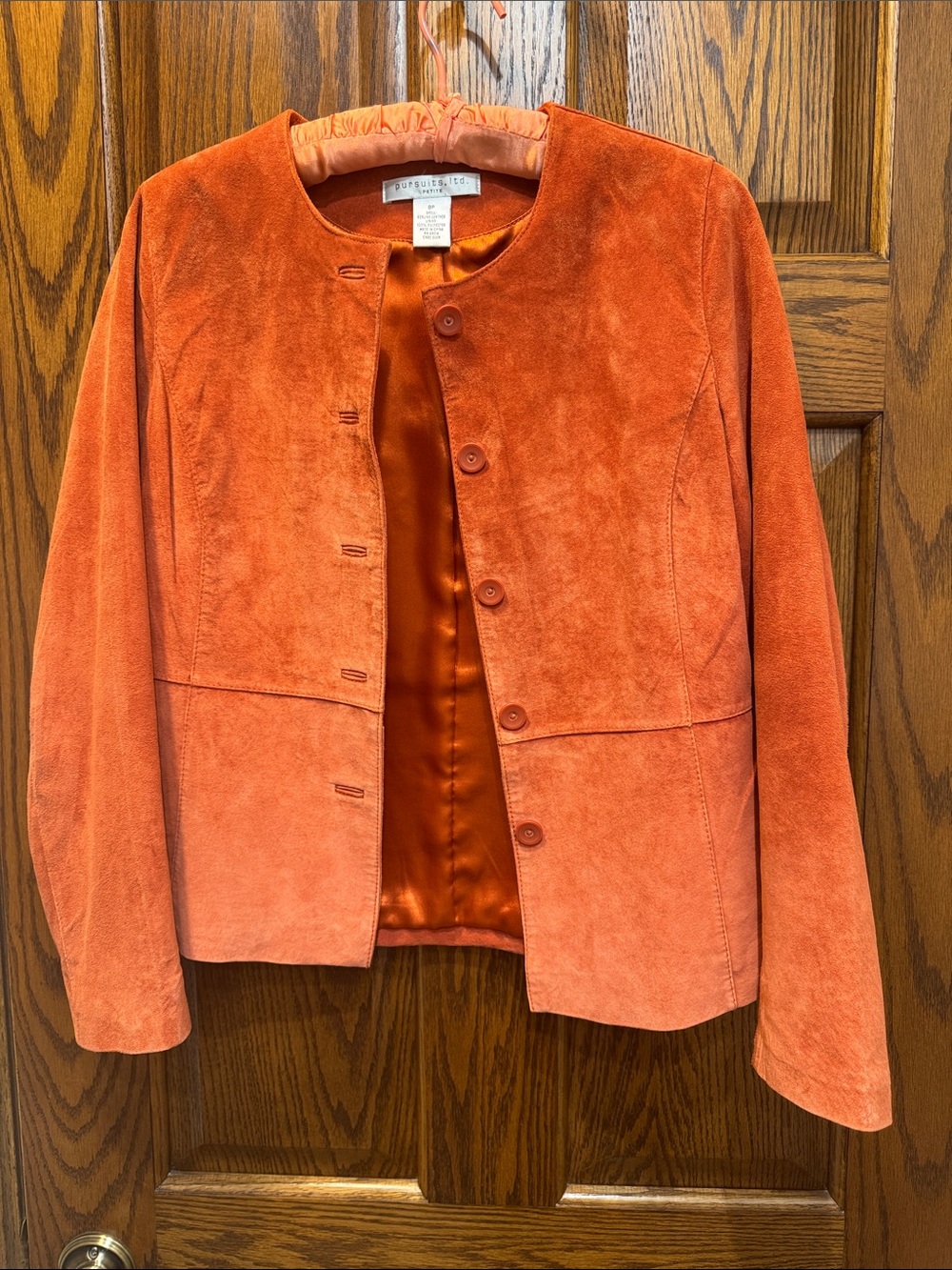 Suede Collarless Button Blazer in Orange